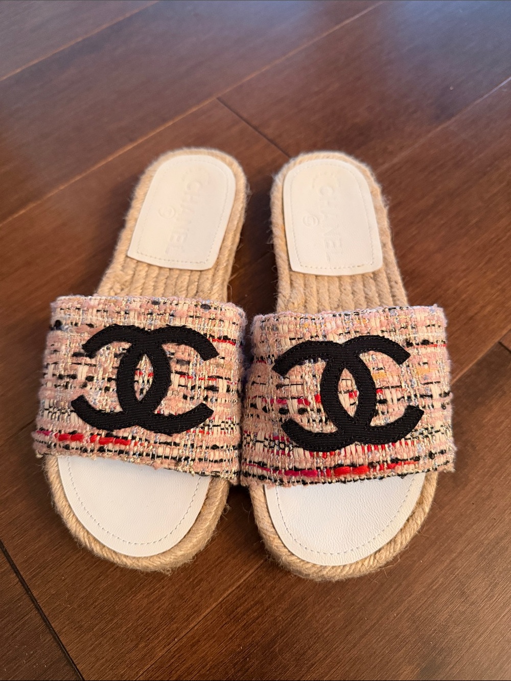 CHANEL Pink Tweed Slide Mules with Black Logo